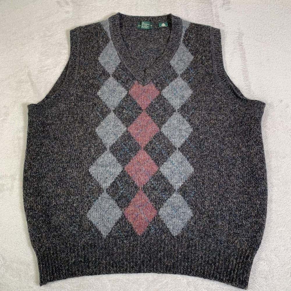 Four Winds Sweater Vest Mens XL Gray Argyle V Neck Shetland Wool Knit Pullover